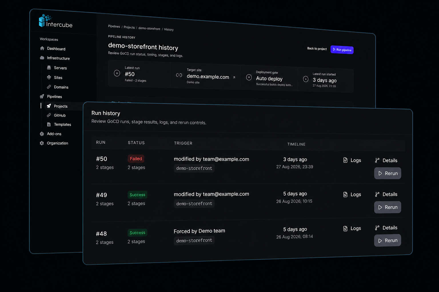 Intercube pipeline dashboard with deployment history, run statuses, logs and rerun controls.